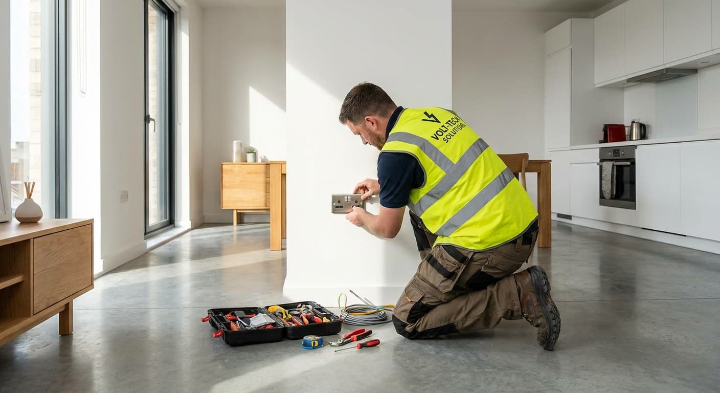 Elektriker installiert Steckdose in moderner Wohnung