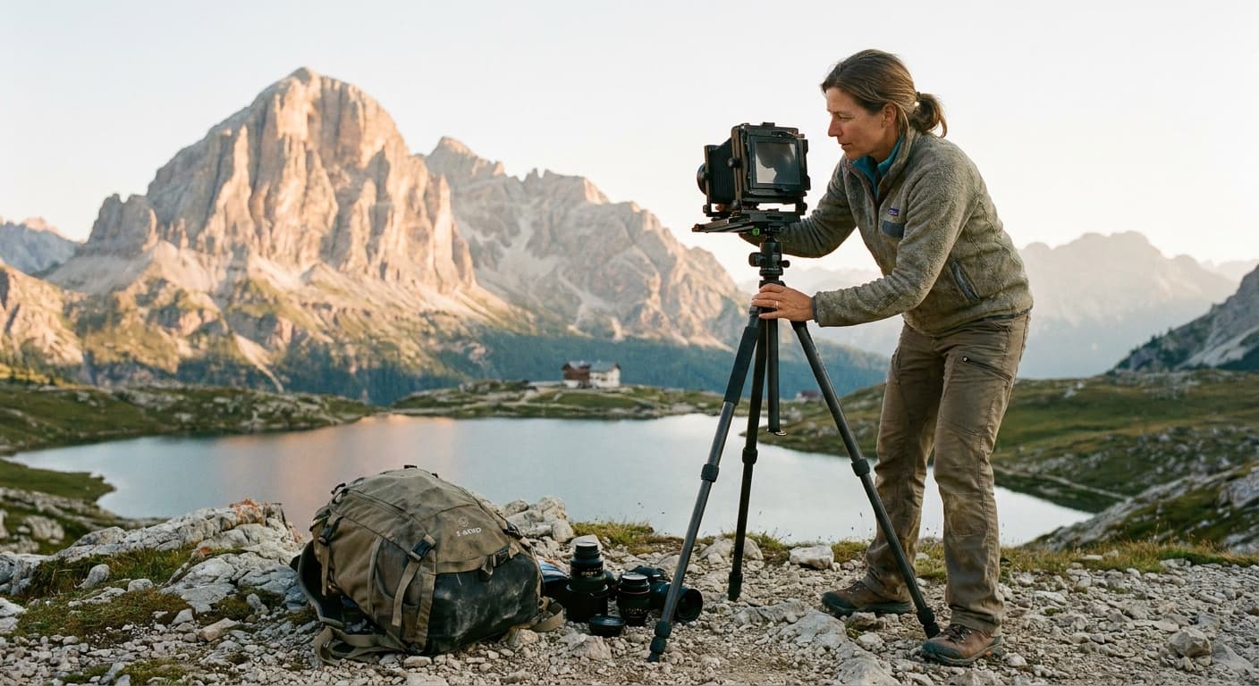 Fotograf bei einem Outdoor-Shooting mit professioneller Kamera