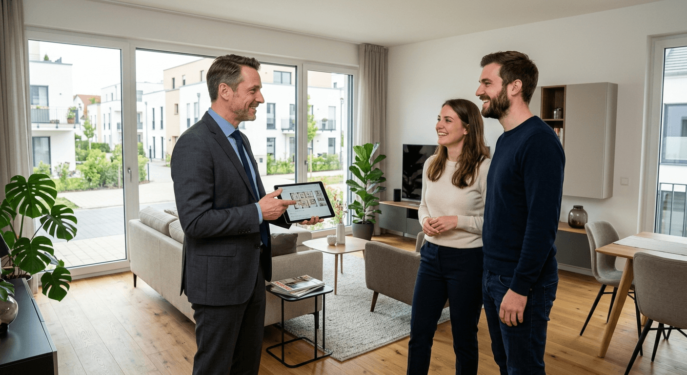 Immobilienmakler zeigt einem Paar ein Haus bei einer Besichtigung