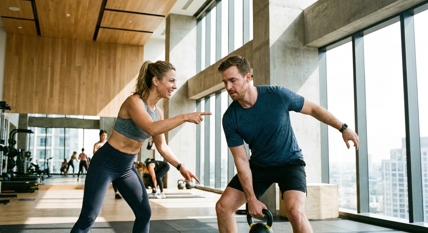 Personal Trainer trainiert mit einem Klienten im Fitnessstudio