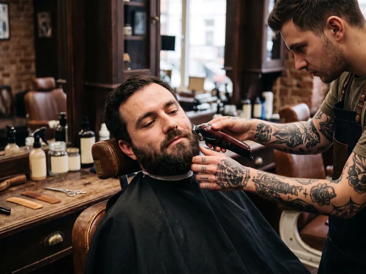 Ein Mann mit tätowierten Unterarmen trimmt im Barbershop mit einer Haarschneidemaschine den Vollbart eines Mannes im braunen Lederstuhl, dahinter Regale mit Flaschen