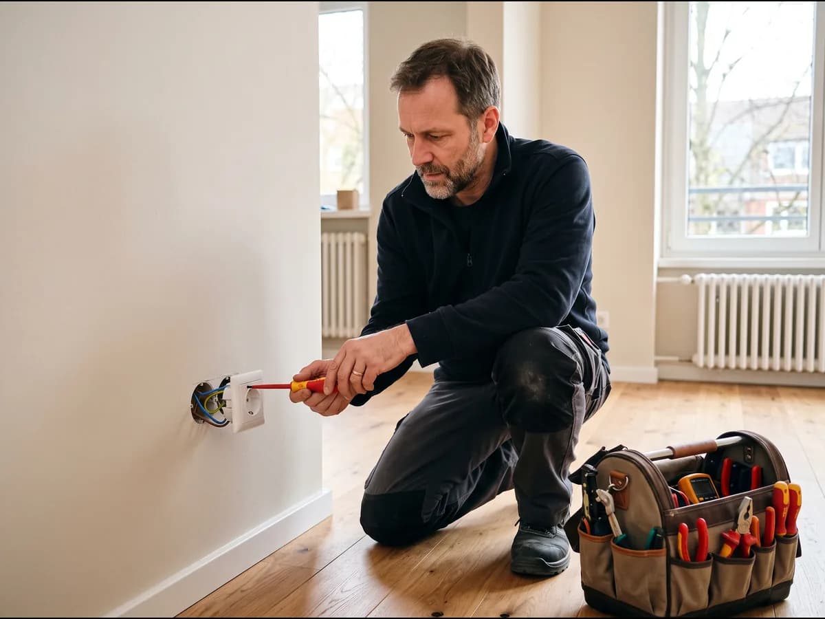 Ein Mann tauscht in einer Wohnung eine Steckdose aus, neben ihm steht seine Werkzeugtasche