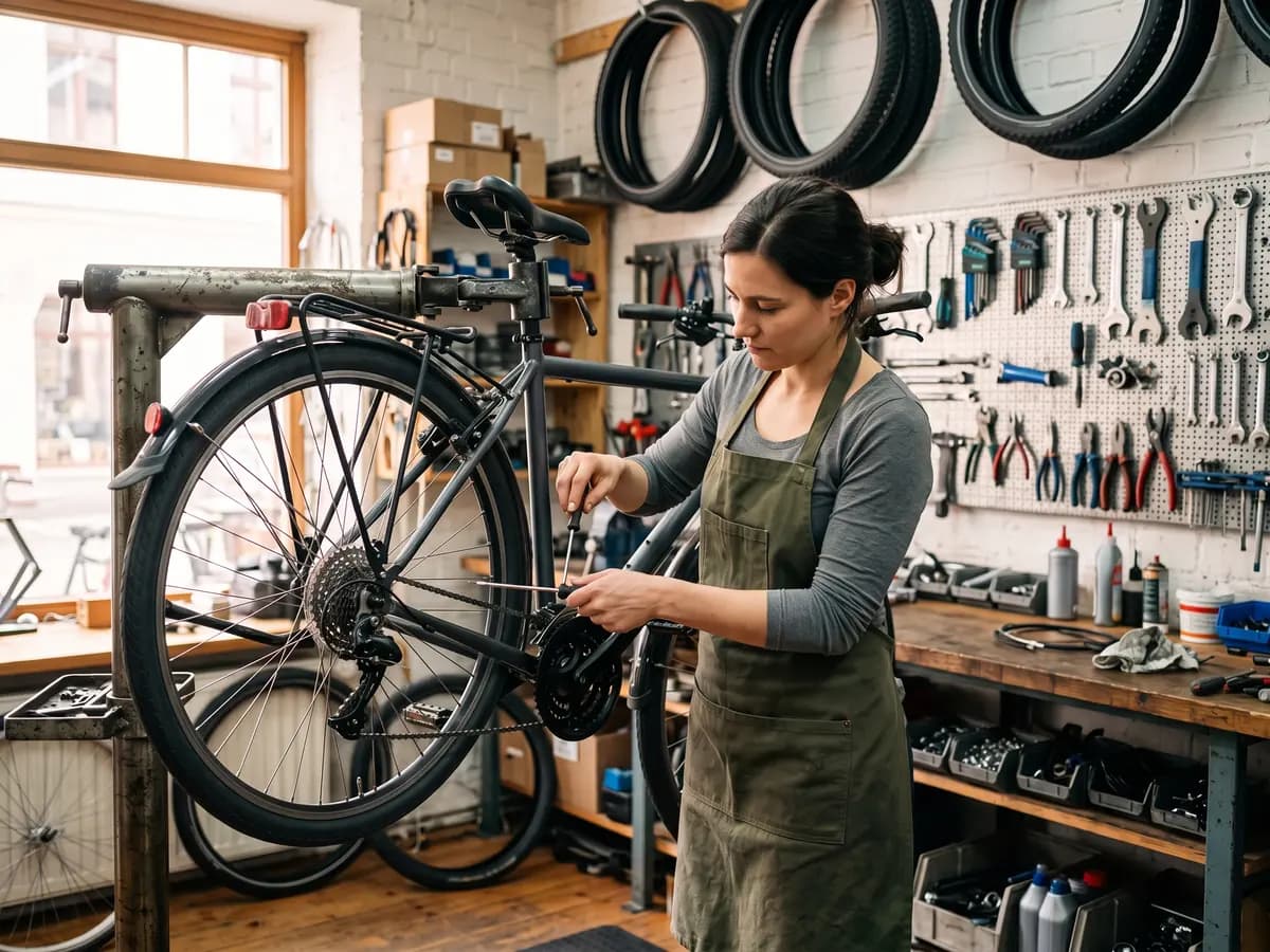 Eine Frau in olivgrüner Schürze stellt in einer kleinen Fahrradwerkstatt mit zwei Schraubendrehern die Schaltung eines Trekkingrads im Montageständer ein, dahinter eine Lochwand mit Werkzeug und aufgehängte Reifen