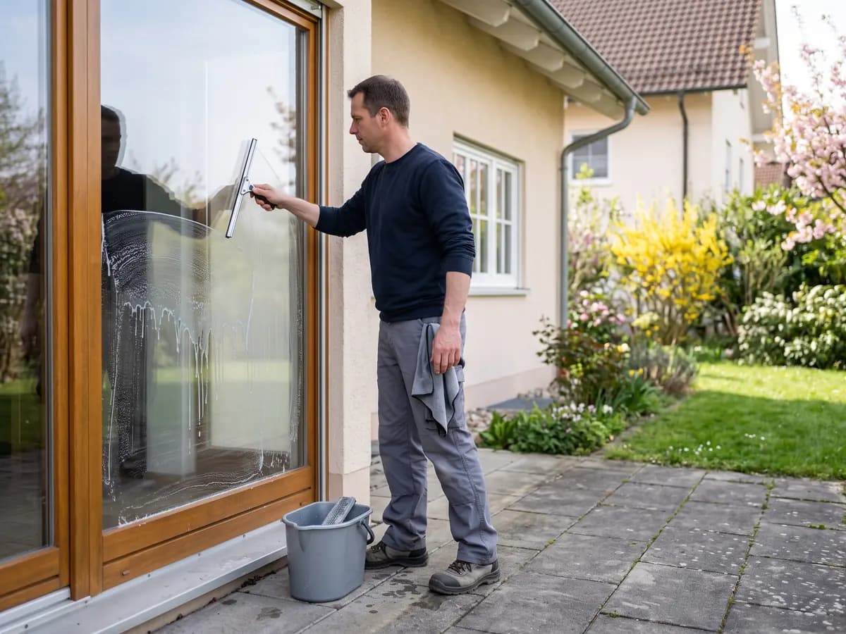 Ein Mann in dunkelblauem Pullover zieht auf einer Terrasse mit einem Abzieher Seifenwasser von einer großen Terrassentür mit Holzrahmen ab, vor ihm ein grauer Eimer