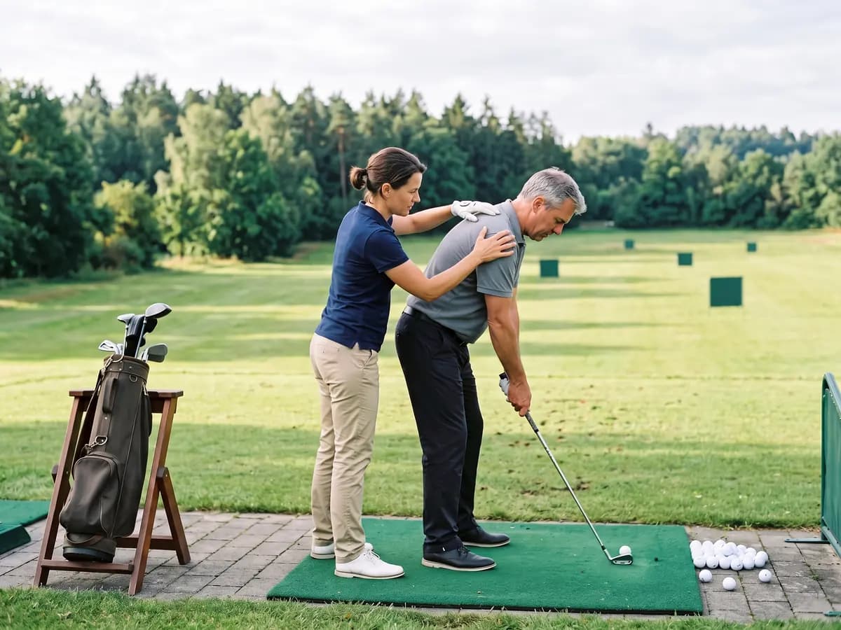 Eine Golflehrerin im dunkelblauen Polohemd korrigiert an der Driving Range die Schulterhaltung eines Mannes, der mit einem Eisen vor dem Ball steht