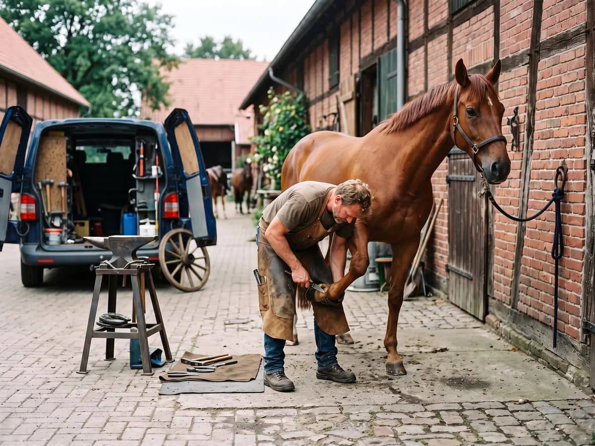 Ein Mann mit Lederschürze hält auf einem gepflasterten Hof den Vorderhuf eines angebundenen Fuchses und bearbeitet ihn mit dem Hufmesser, links ein Amboss auf einem Gestell und ein Transporter mit offenen Hecktüren