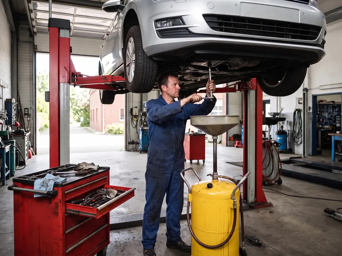 Ein Mann in blauem Overall löst in einer Werkstatt mit einer Ratsche die Ölablassschraube eines silbernen Kleinwagens auf der Hebebühne, darunter ein gelbes Auffanggerät für Altöl