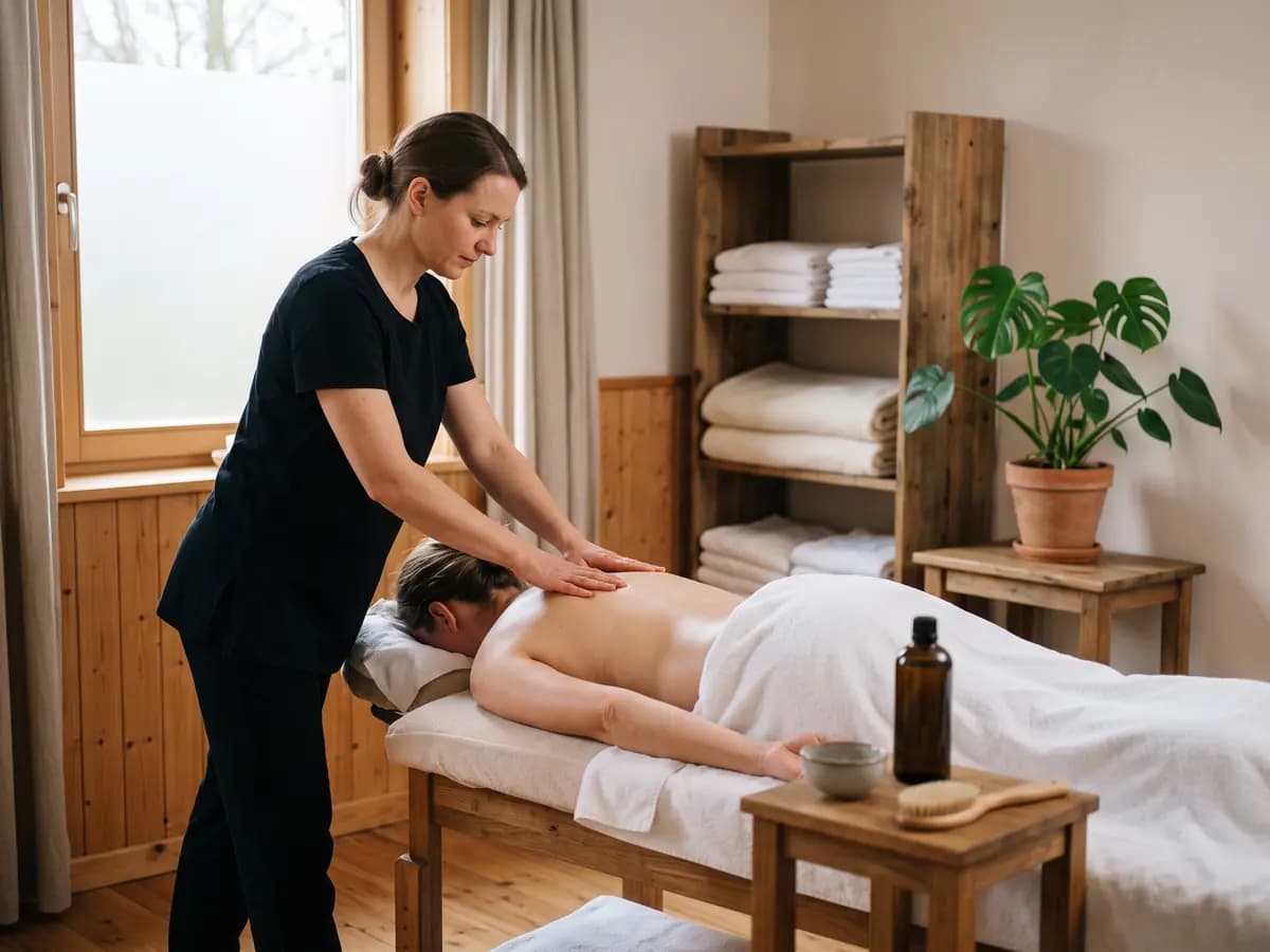 Eine Frau in schwarzer Arbeitskleidung massiert in einem warm eingerichteten Studio mit Holzregal und Handtüchern den Rücken einer Person, die bis zur Hüfte zugedeckt auf einer Massageliege liegt