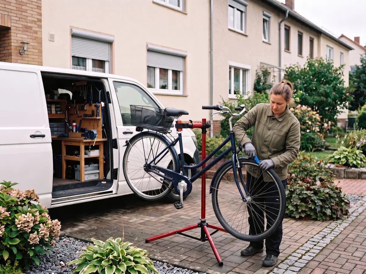 Eine Frau in olivgrüner Jacke zieht vor einem Reihenhaus mit einem blauen Montierhebel den Reifen eines Stadtrads im roten Montageständer auf, daneben ein weißer Transporter mit Werkbank und Schraubstock