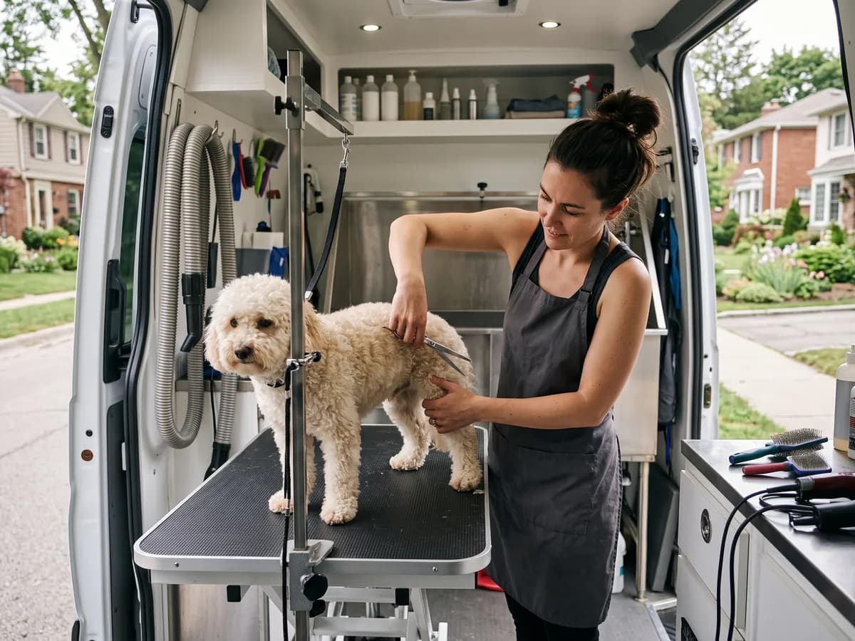 Hundepflege in einem umgebauten Transporter, ein lockiger Hund steht auf dem Pflegetisch, die Seitentür ist zur Straße hin offen