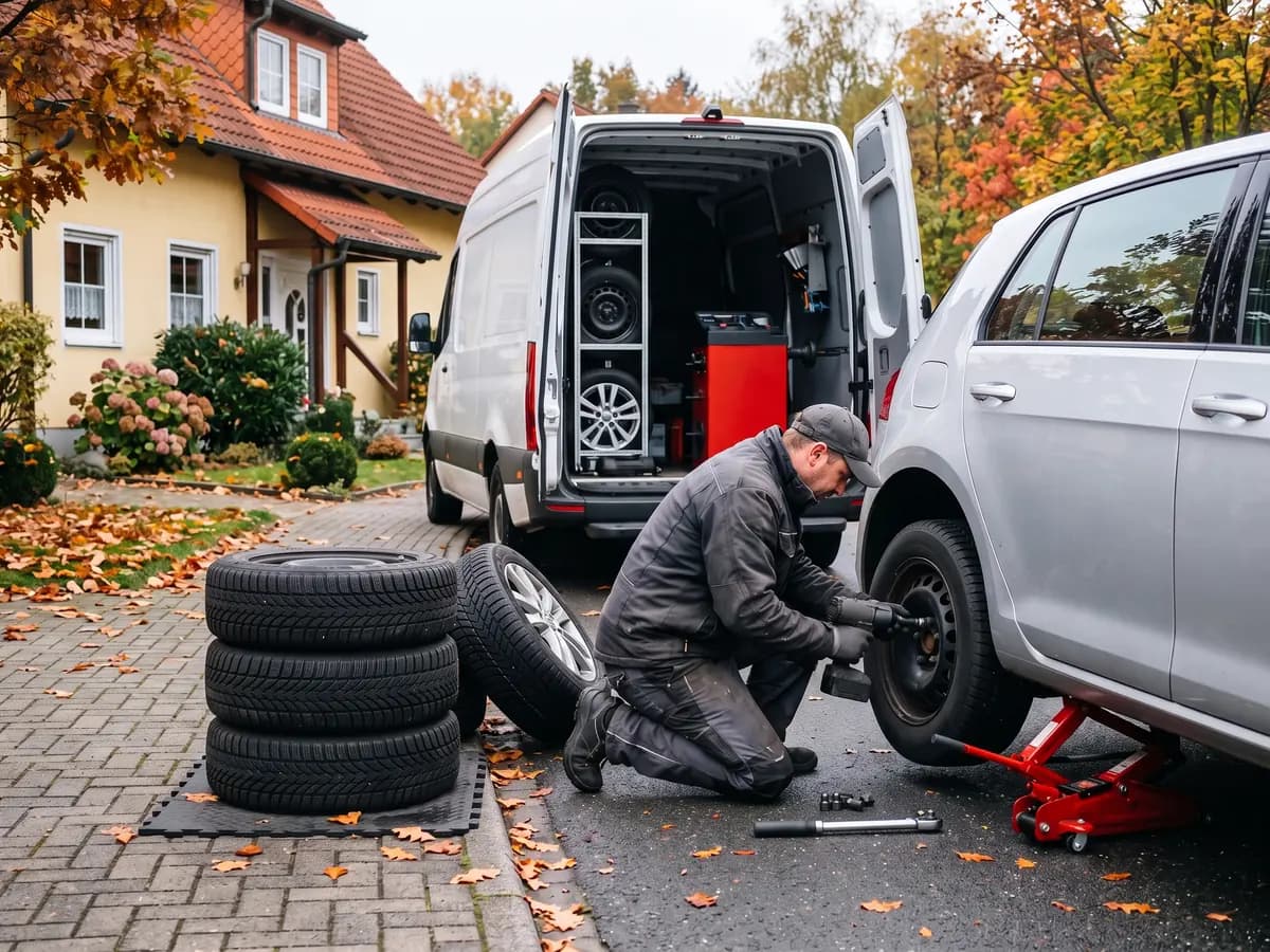 Ein Mann in grauer Arbeitskleidung wechselt in einer Hofeinfahrt mit einem Schlagschrauber das Rad eines silbernen Autos, dahinter ein offener Transporter mit Reifenregal