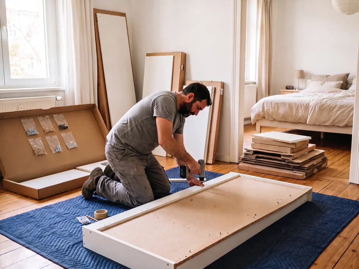 Ein Mann in grauer Arbeitskleidung kniet auf einer blauen Decke und verschraubt mit einem Akkuschrauber einen weißen Schrankkorpus, dahinter Möbelteile und gefaltete Kartons