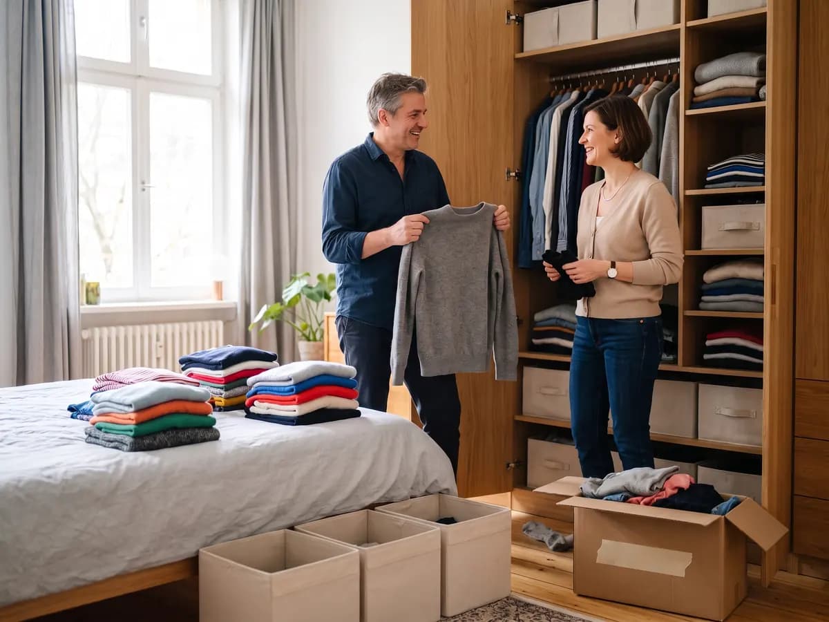 Eine Frau in beiger Strickjacke sortiert mit einem Mann Kleidung aus einem offenen Schrank, auf dem Bett liegen gefaltete Pullover, davor Aufbewahrungsboxen und ein Karton