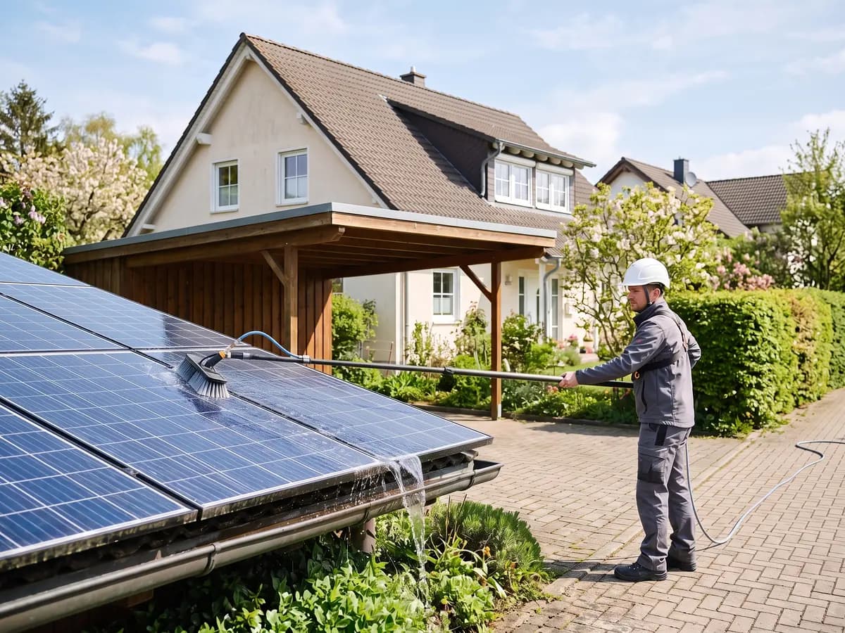 Ein Mann mit weißem Helm und grauer Arbeitskleidung steht in einer Hofeinfahrt und reinigt mit einer langen Wasserstange und Bürste die Solarmodule auf einem flachen Dach