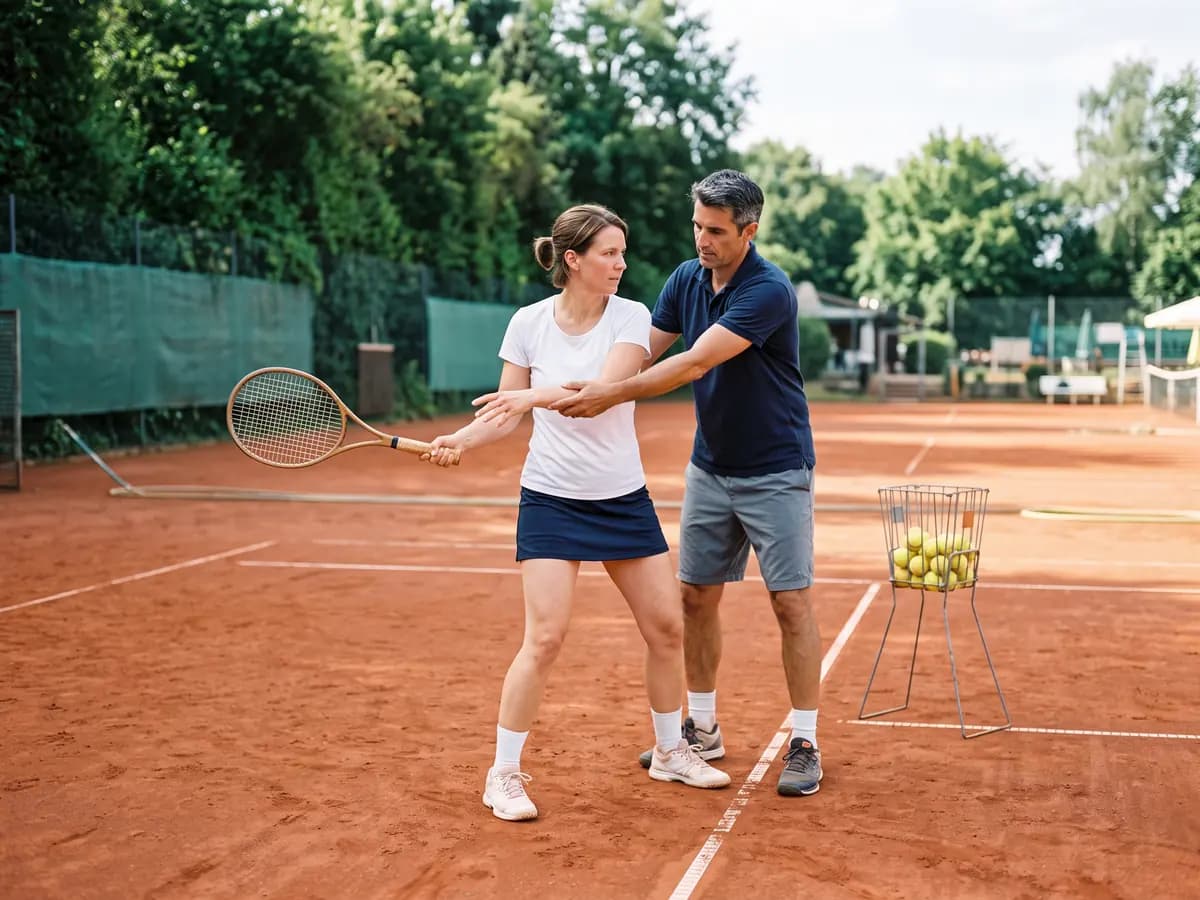 Ein Tennistrainer im dunkelblauen Polohemd führt auf einem Sandplatz den Arm einer Spielerin mit Schläger, daneben steht ein Korb voller gelber Tennisbälle