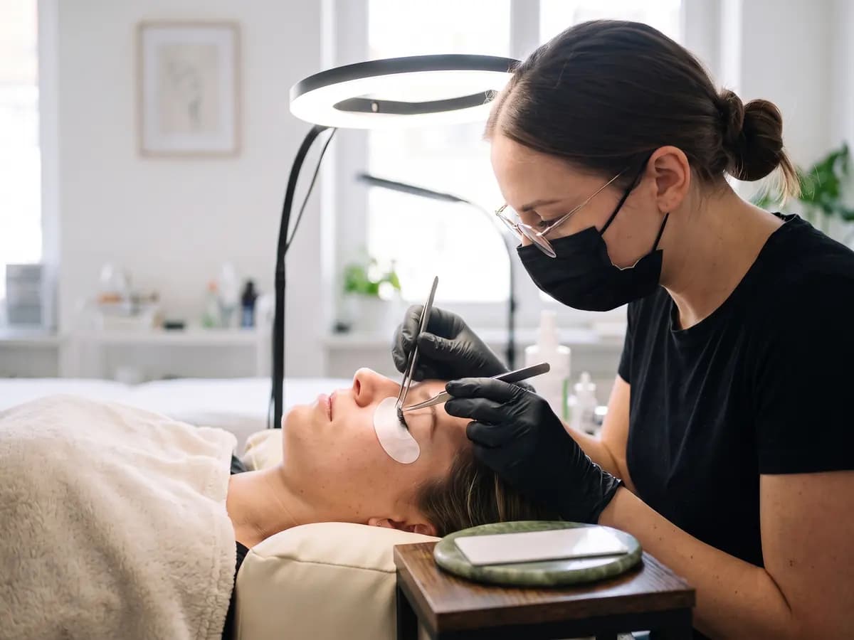 Eine Frau mit Brille, schwarzer Maske und schwarzen Handschuhen setzt mit zwei Pinzetten einzelne Wimpern bei einer liegenden Frau mit Augenpads, darüber eine Ringleuchte