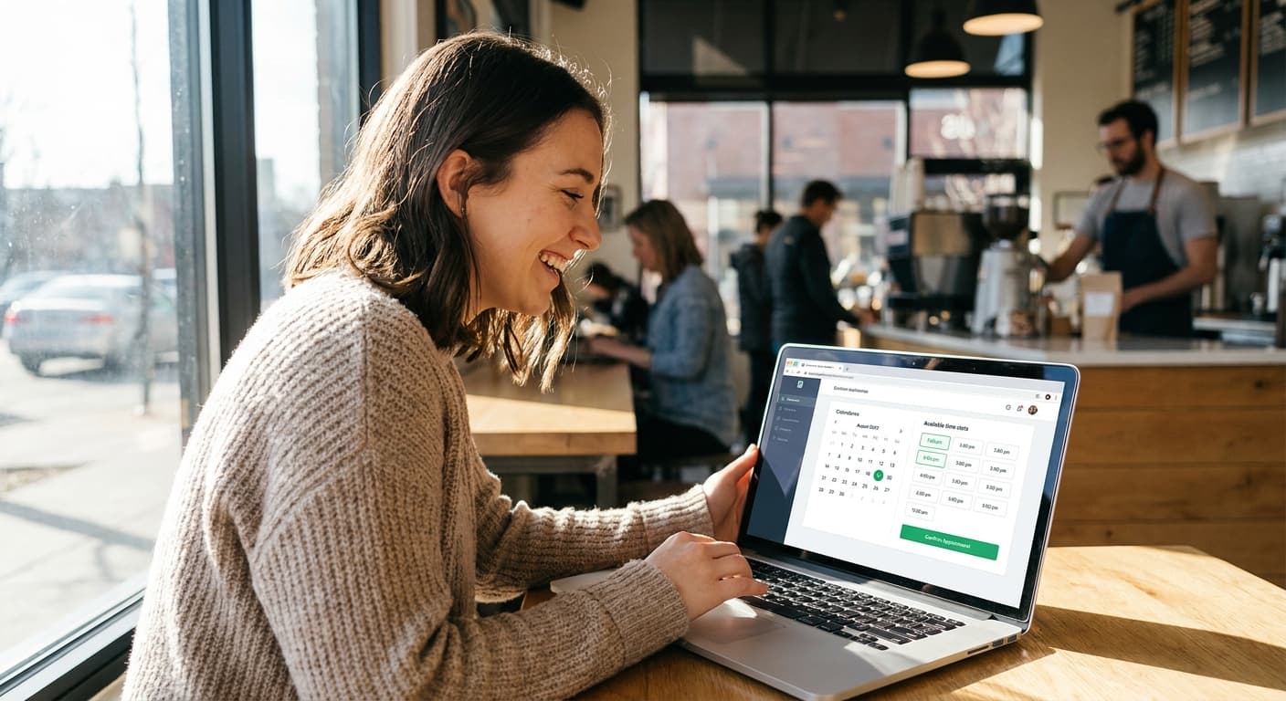 Kundin bucht Termin bequem am Laptop