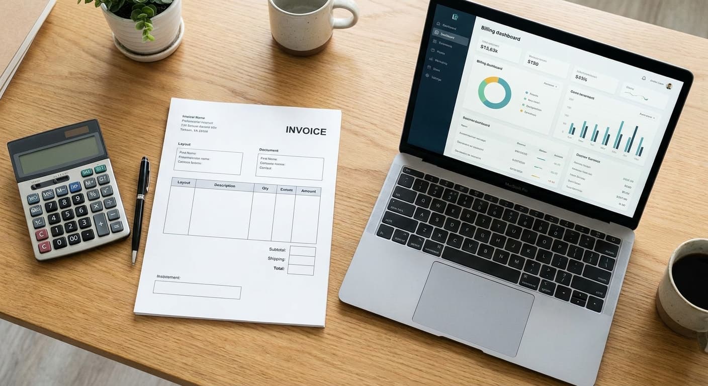 Professionelle Rechnung neben Laptop mit Abrechnungs-Dashboard