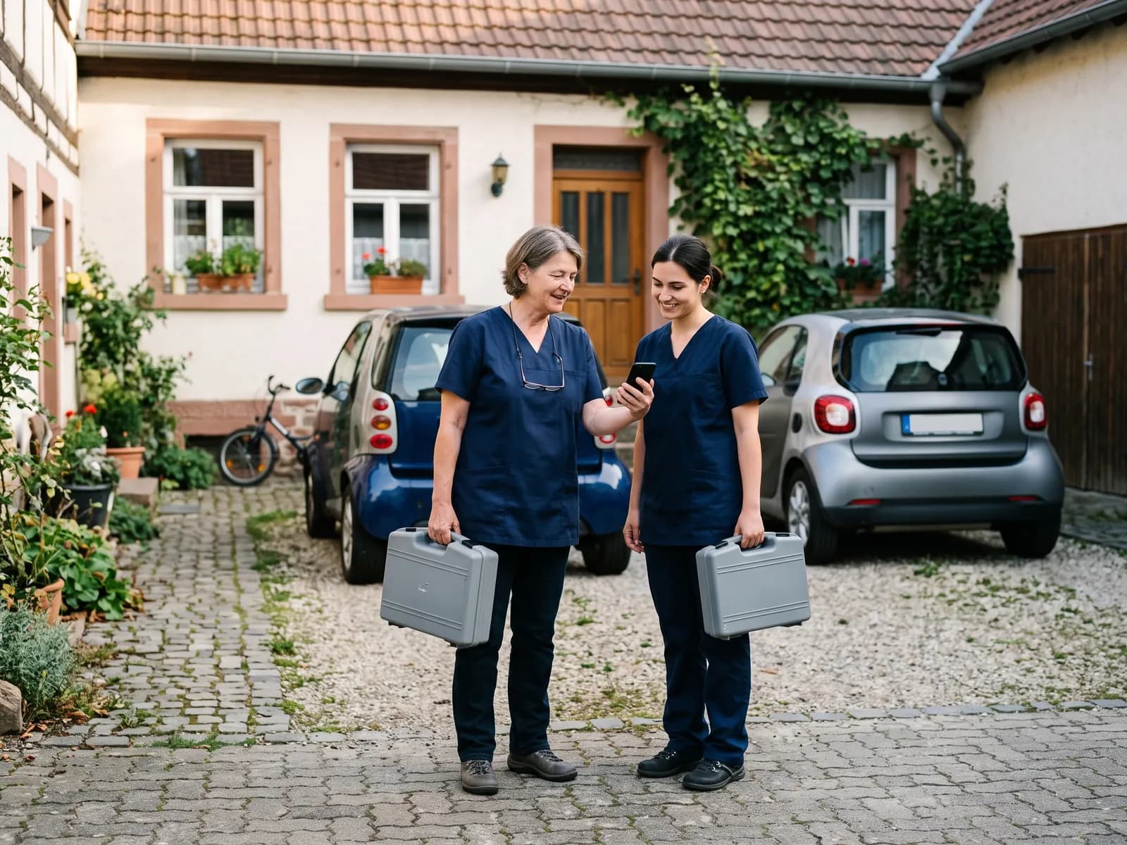 Zwei Fußpflegerinnen vor ihren Autos besprechen den Tag am Handy