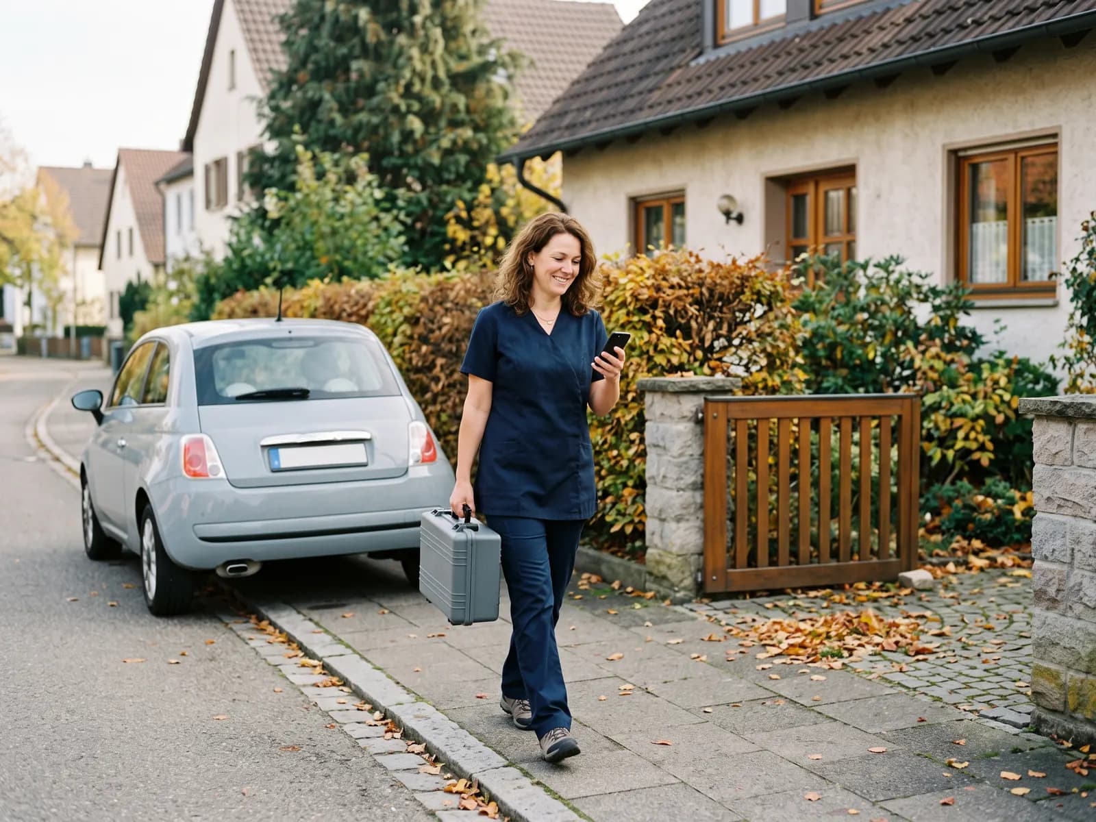 Eine mobile Fußpflegerin geht mit dem Handy in der Hand vom Auto zur Haustür