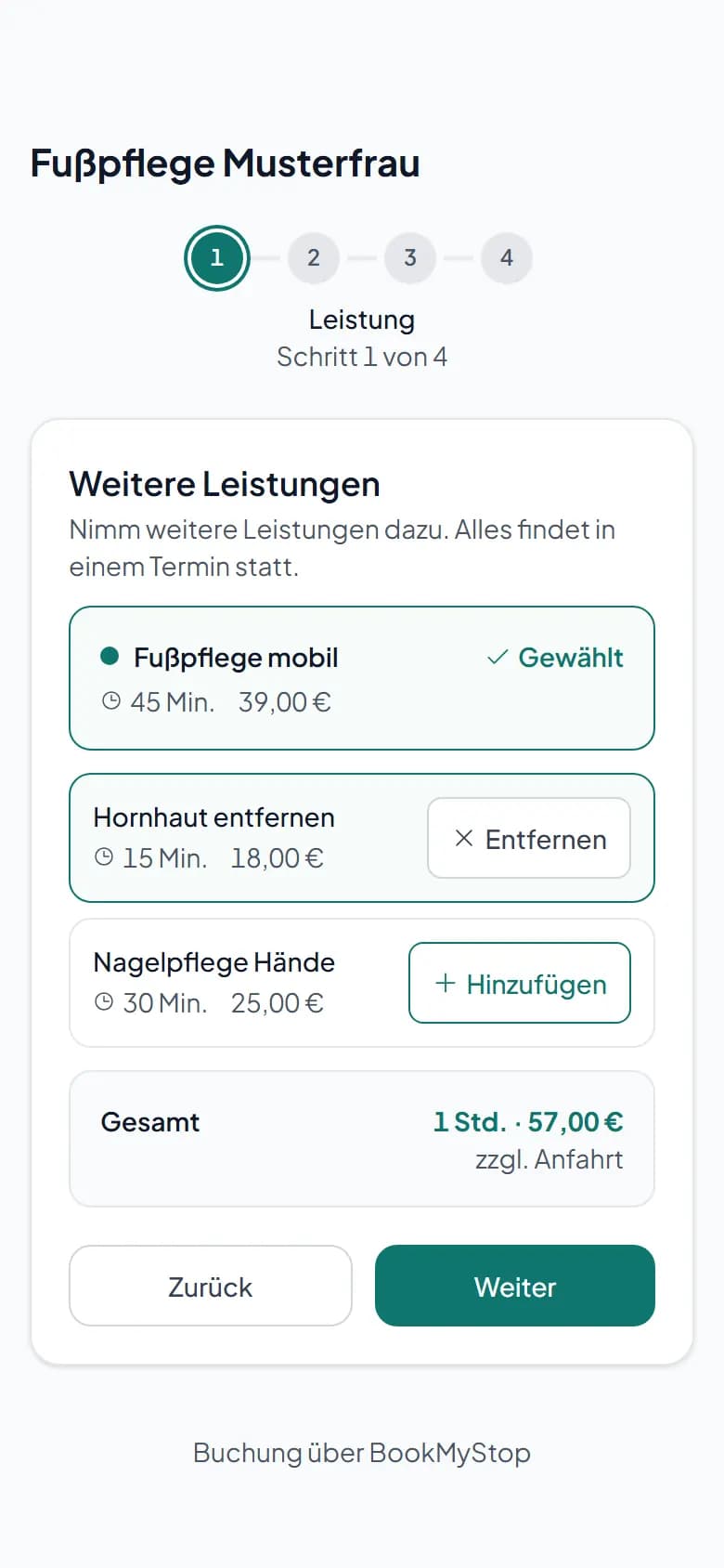 Buchungsseite am Handy, zwei Leistungen der Fußpflege gewählt, unten die Summe