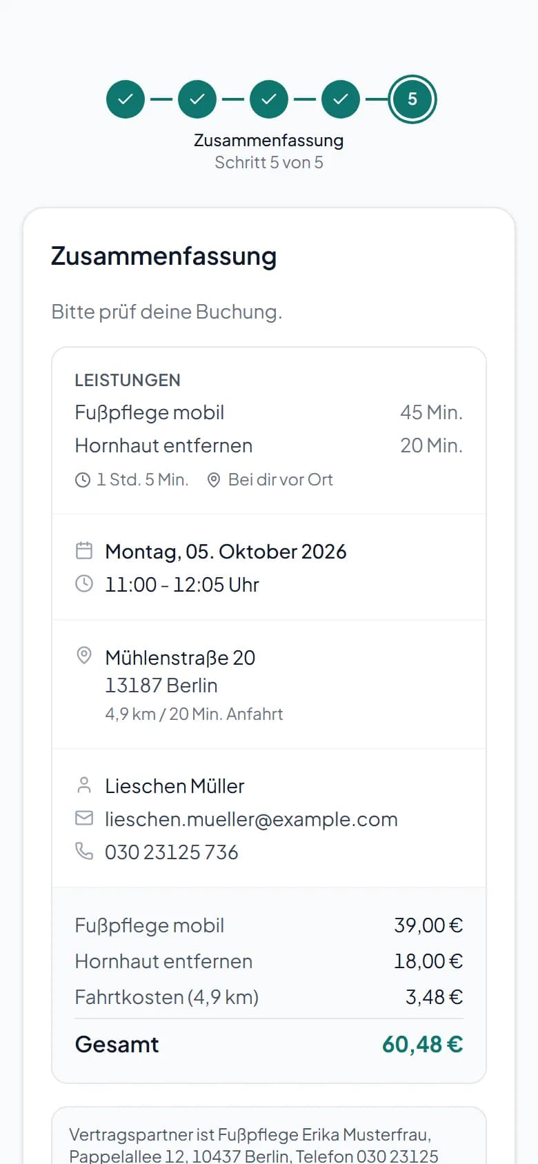 Zusammenfassung einer Buchung am Handy mit den Fahrtkosten als eigener Zeile