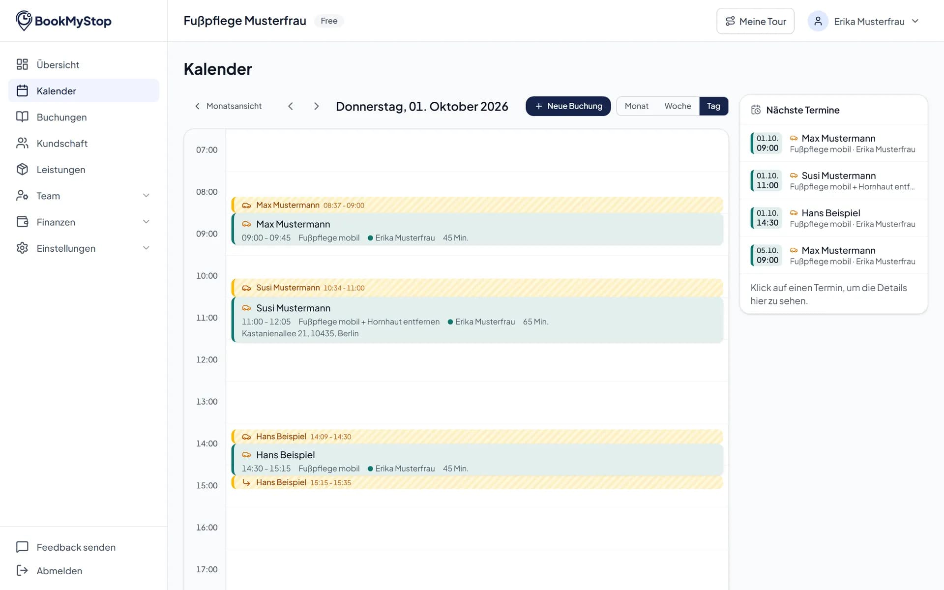 Kalender im Portal mit den Terminen eines Tages und den Fahrten dazwischen