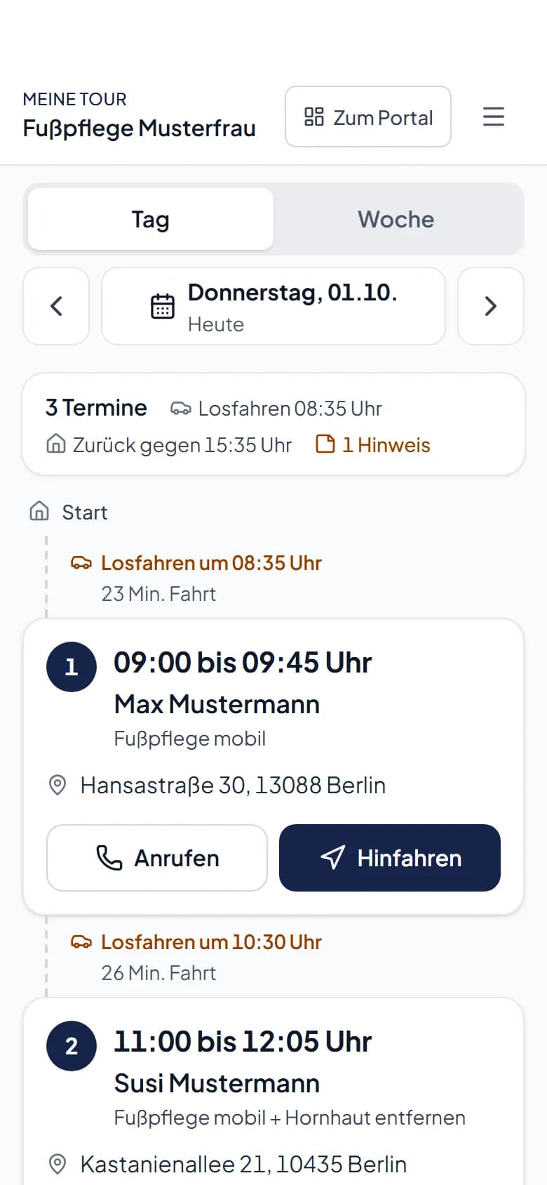 Meine Tour am Handy mit den Terminen des Tages