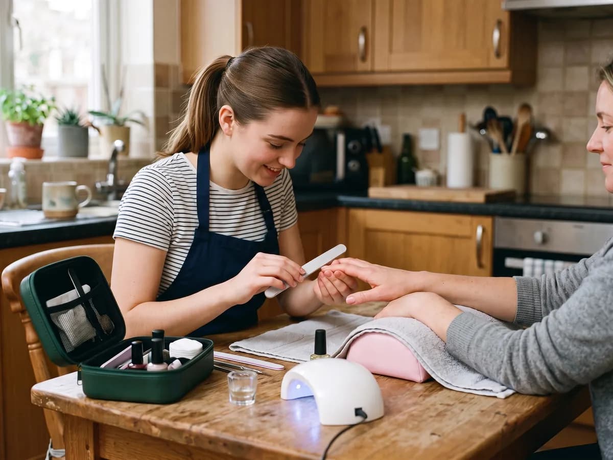 Maniküre am Küchentisch mit Handkissen, Feile und kleiner Nagellampe aus einem mobilen Koffer