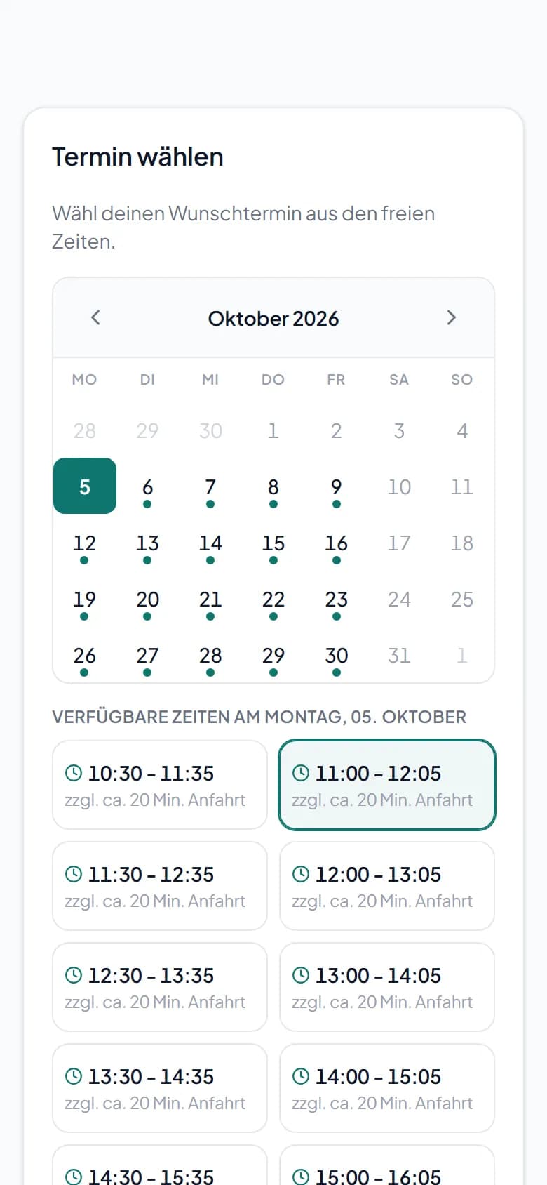 Freie Zeiten in der Buchung am Handy, nachdem die Adresse eingegeben ist